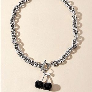 NWT•Goth Black Cherry Pendant Silver Chain Toggle Necklace • Grunge • Union
